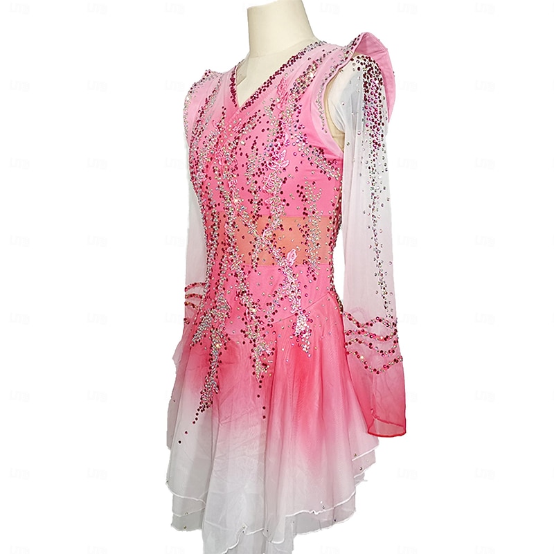 Figure Skating Dress Women's Girls' Ice Skating Dress Pink Patchwork Open Back Mesh Spandex Stretchy Training Practice Professional Skating Wear Crystal / Rhinestone Long Sleeve Figure Skating4
