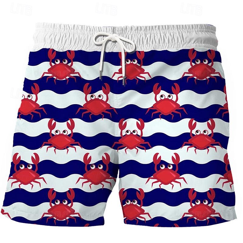 Men's Animal Lines / Waves Crab Swim Trunks Swim Shorts Board Shorts Mid Waist Vacation Hawaiian Holiday Vacation Holiday Beach Drawstring with Mesh lining Elastic Waist Designer Clothing Apparel