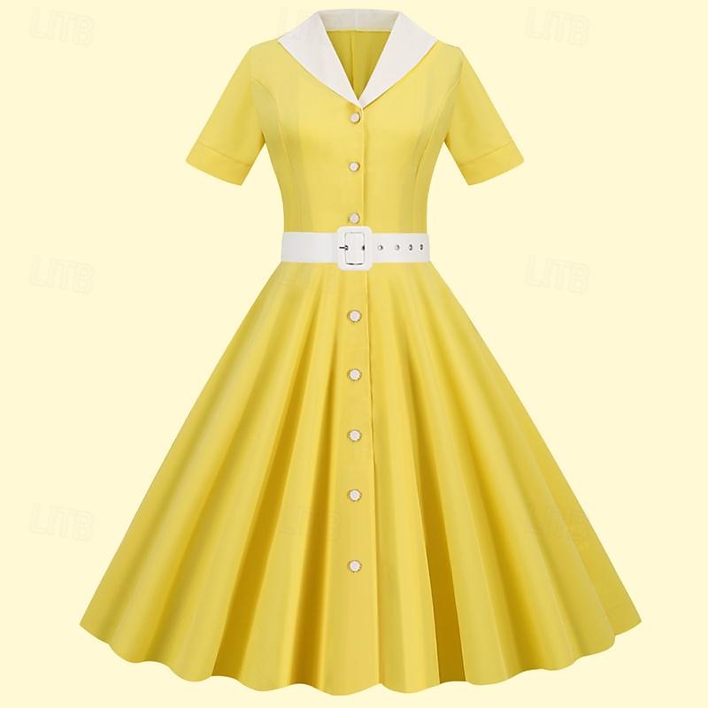 Elegant Classical 1950s Dress Flare Dress Gentlewoman Buckle Solid Color A-Line Fancy Dress Women's Valentine's Day Office / Career Event / Party Dailywear Adults' Homecoming Dresses Spring & Summer3