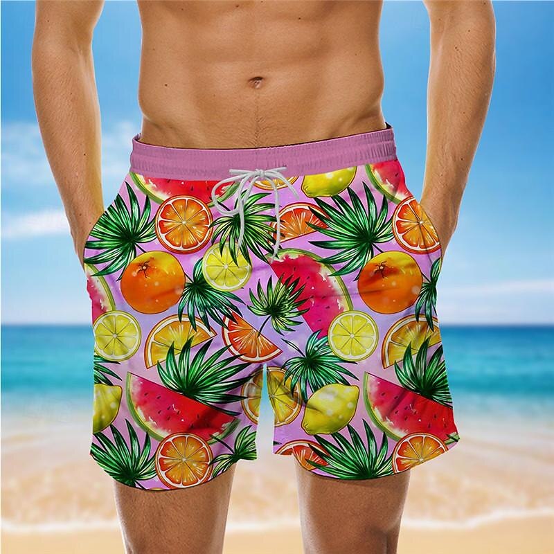 Men's Fruit Swim Shorts Board Shorts Swimming Trunks Mid Waist Vacation Hawaiian Holiday Vacation Holiday Beach Drawstring with Mesh lining Elastic Waist Designer Clothing Apparel