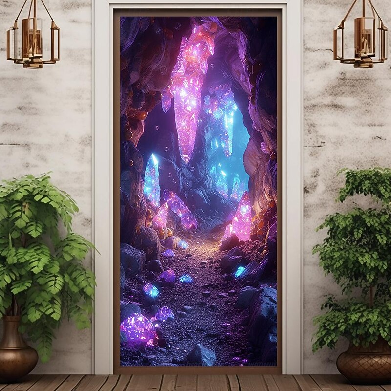 Crystal Cave Door Covers Mural Decor Door Tapestry Door Curtain Decoration Backdrop Door Banner Removable for Front Door Indoor Outdoor Home Room Decoration Farmhouse Decor Supplies