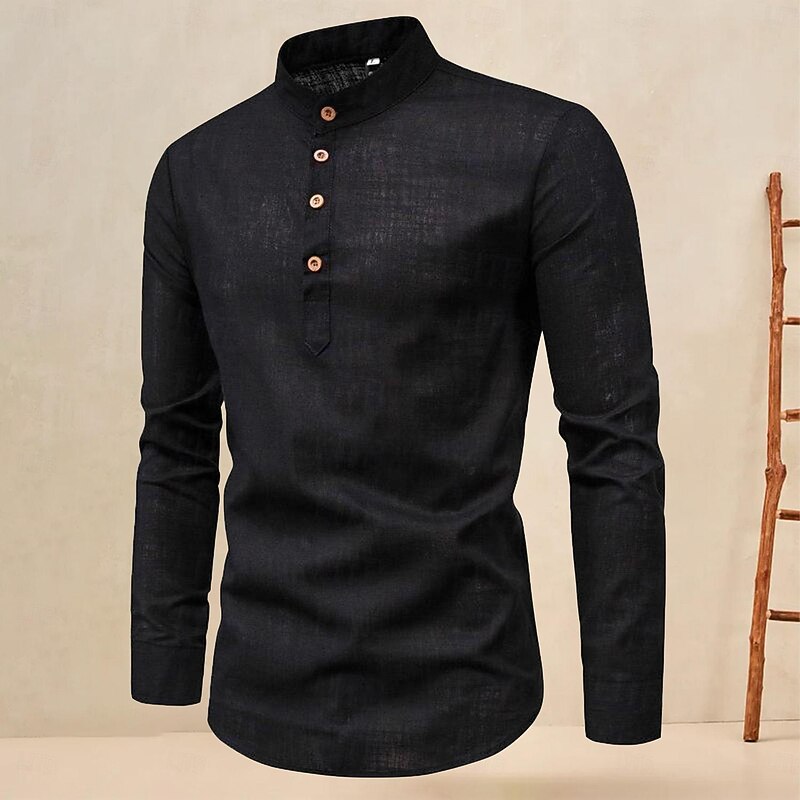 Men's Shirt Linen Shirt Cotton Linen Shirt Chinese Collar Shirt Mandarin Collar Shirt Summer Shirt Plain Vacation Hawaiian Black White Red Brown Long Sleeve Standing Collar Spring &  Fall Clothing4