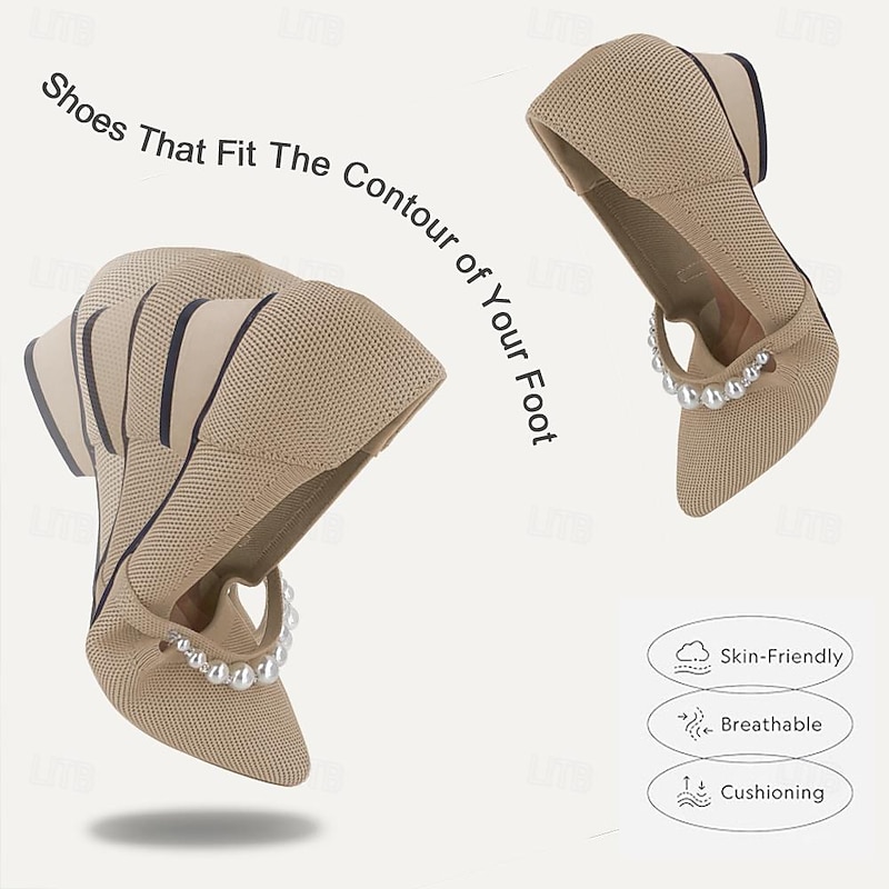 Women's Heels Plus Size Flyknit Shoes Soft Shoes Wedding Office Work Rhinestone Imitation Pearl Chunky Heel Pointed Toe Fashion Classic Comfort Walking Knit Loafer Black Red Blue4