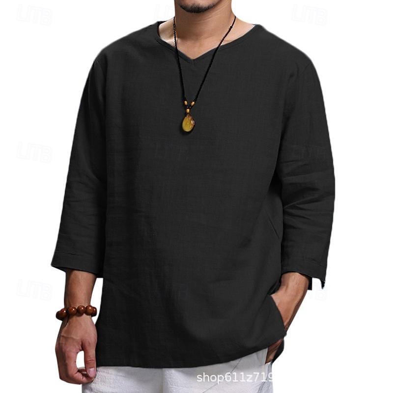 Men's Shirt Summer Shirt Casual Shirt Beach Shirt Black Navy Blue khaki Beige Light Blue Long Sleeve Plain V Neck Holiday Vacation Clothing Apparel Fashion Casual Comfortable4