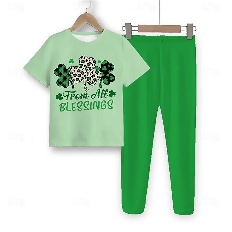 St. Patrick Girls' 3D Four Leaf Clover Tee & Pants Pajama Sets Short Sleeve 3D Print Summer Spring Fall Active Fashion Cute Polyester Kids 4 years+ Crew Neck Home Causal Indoor Regular Fit3