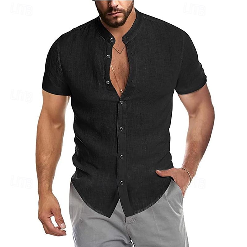 Men's Shirt Chinese Collar Shirt Mandarin Collar Shirt Summer Shirt Casual Shirt Beach Shirt Navy Blue khaki Short Sleeve Plain Grandad Collar Collar Vacation Hawaiian Clothing Apparel Polyester3