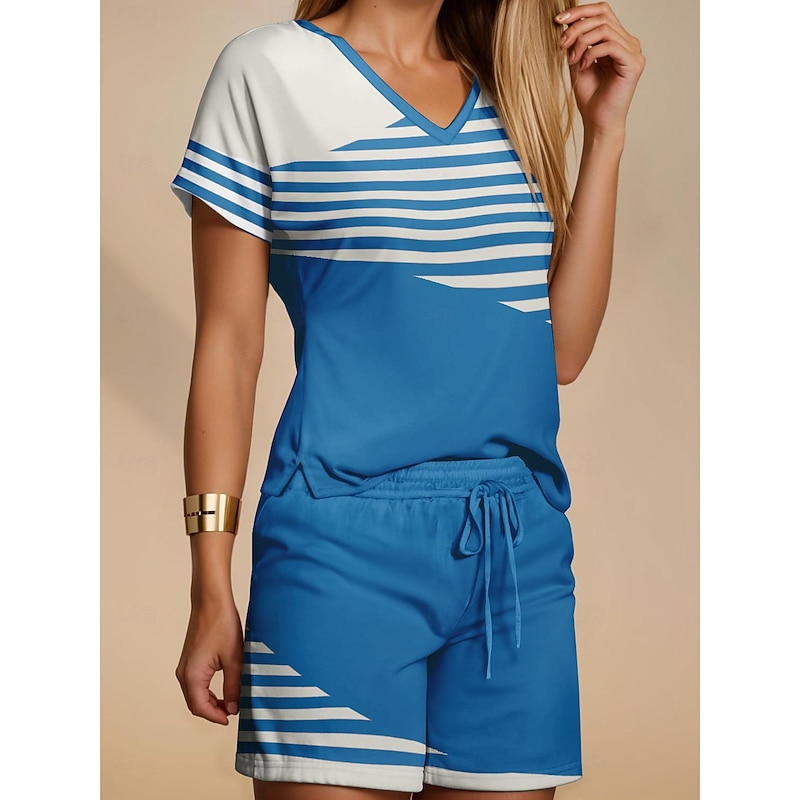 Women's Fashion T Shirt Shorts Sets Baggy Shorts Short Sleeve V Neck Striped Drawstring Print Casual Daily Black Pink Blue Summer Regular Fit2
