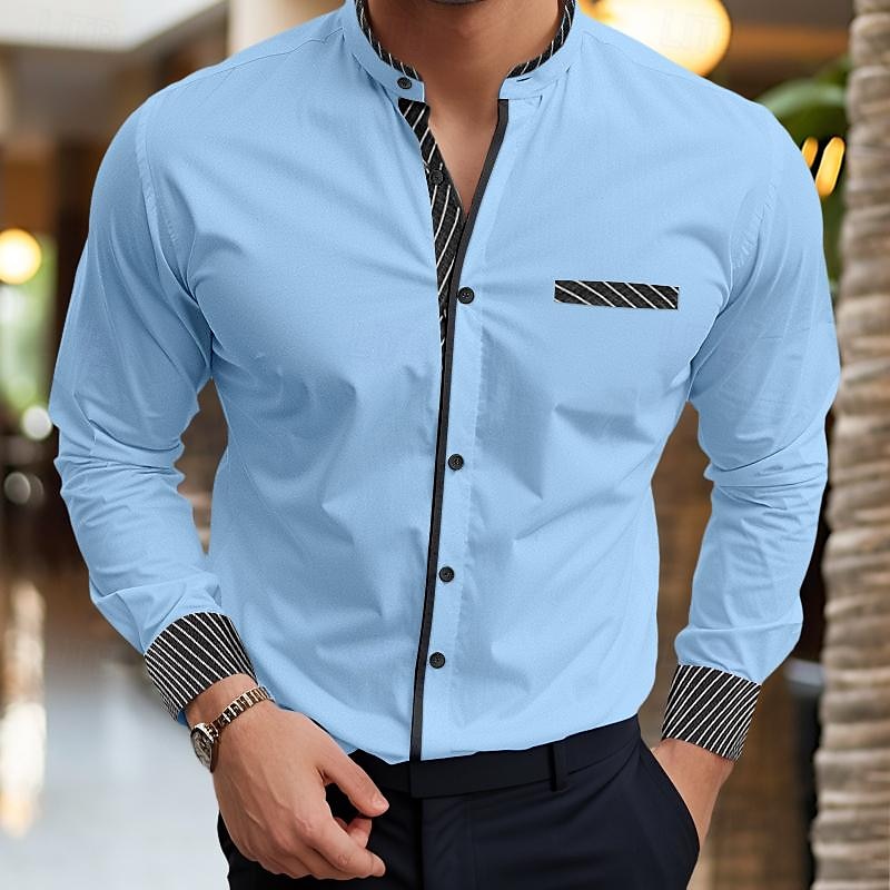 Men's Shirt Summer Shirt Dress Shirt Casual Shirt Band Collar Shirt Button Up Shirt White Burgundy Blue Long Sleeve Stripes Stand Collar Vacation Daily Splice Clothing Apparel Cotton Cotton Blend4