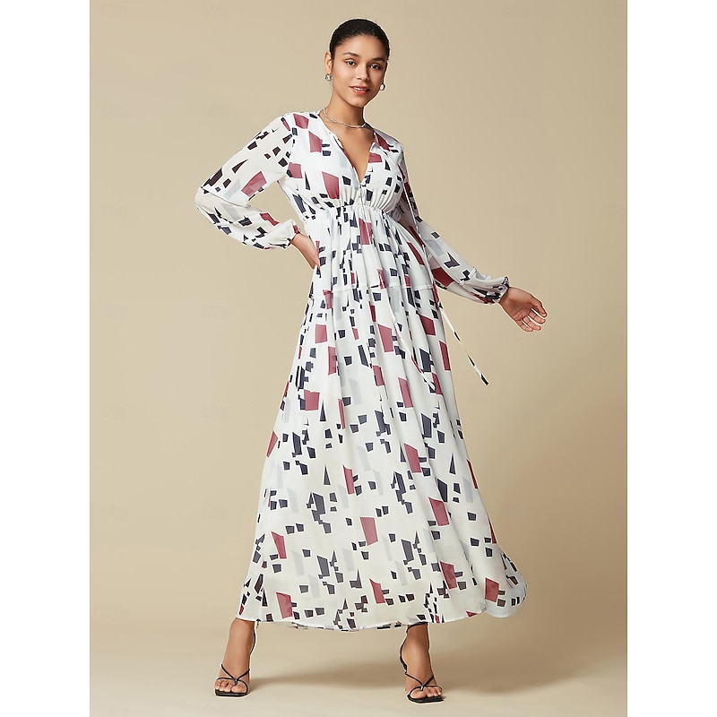 Chiffon Geometric V Neck Maxi Dress
