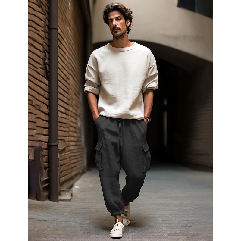 40% Linen Men's Linen Pants Trousers Summer Pants Pocket Drawstring Elastic Waist Plain Breathable Comfortable Daily Vacation Going out Classic Casual Black White4