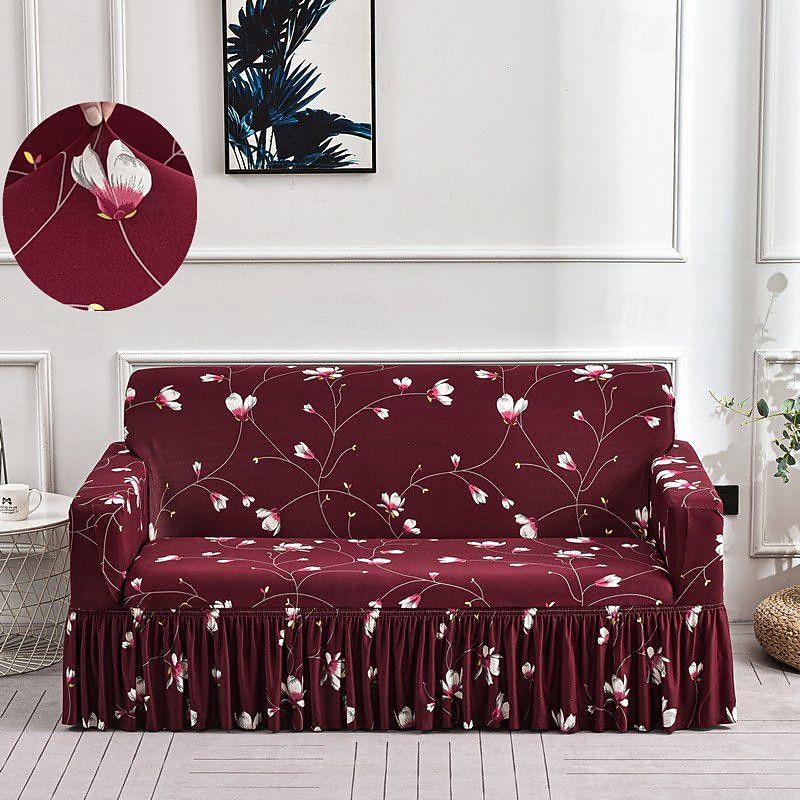 Floral Printed Sofa Cover Stretch Slipcovers with Skirt,Soft Durable Couch Cover 1 Piece Spandex Fabric Washable Furniture Protector fit Armchair Seat/Loveseat/Sofa/XL Sofa/L Shape Sofa