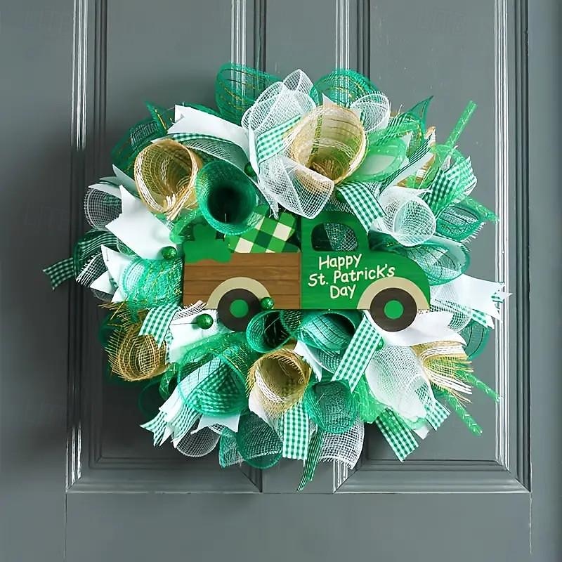 1pc Irish Day Wreath Patrick's Decoration Wreath St Patrick's Day Bow Wreath Green Shamrock Wreath Hanging Sign Wreath Pendant Party Wreath Lattice Door Bow Tie Ribbon