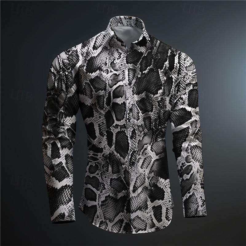 Men's Snake Print Aloha Shirt Printed Shirts Long Sleeve Subcultural Vacation Party Street Spring & Summer Turndown Print Button-Down Khaki Gray