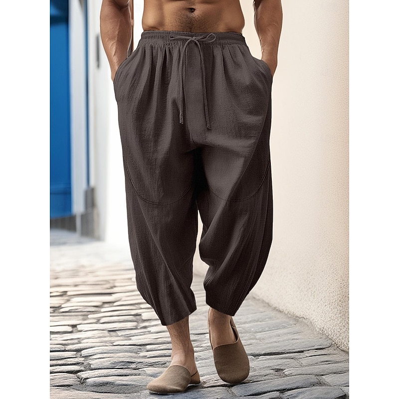 100% Linen Men's Linen Pants Trousers Summer Pants Tapered Carrot Pants Pocket Drawstring Elastic Waist Plain Breathable Comfortable Daily Vacation Going out Classic Casual Black White3