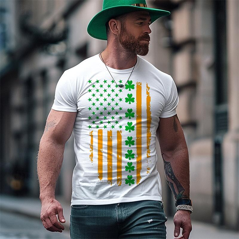 Men's Shamrock National Flag T Shirt Tee Top Cotton Short Sleeve Graphic Shirt Black White Comfortable Tee St.Patrick's Day Holiday Fashion Designer Clothing