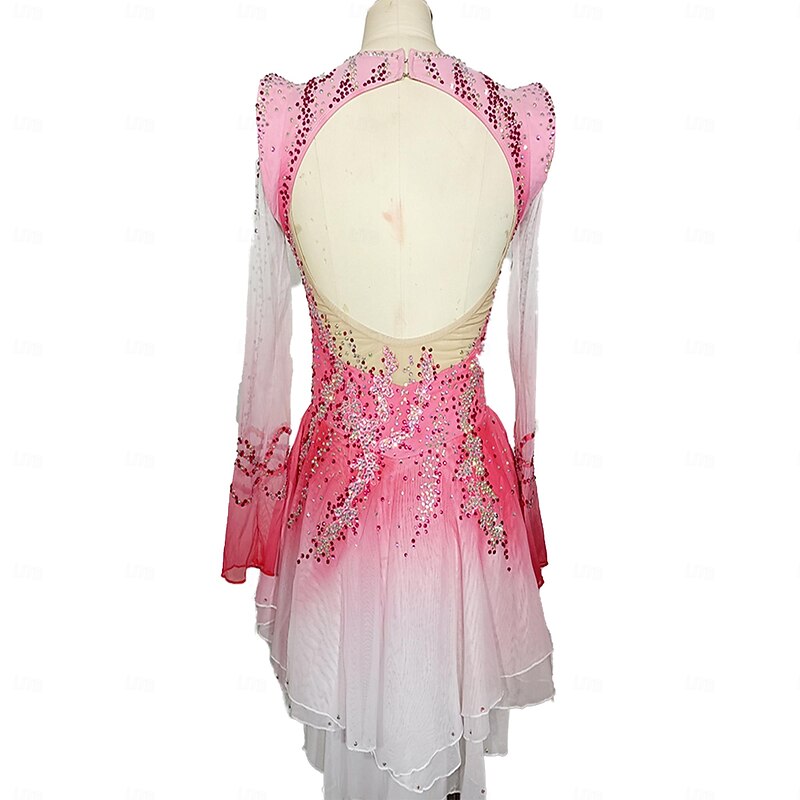 Figure Skating Dress Women's Girls' Ice Skating Dress Pink Patchwork Open Back Mesh Spandex Stretchy Training Practice Professional Skating Wear Crystal / Rhinestone Long Sleeve Figure Skating2