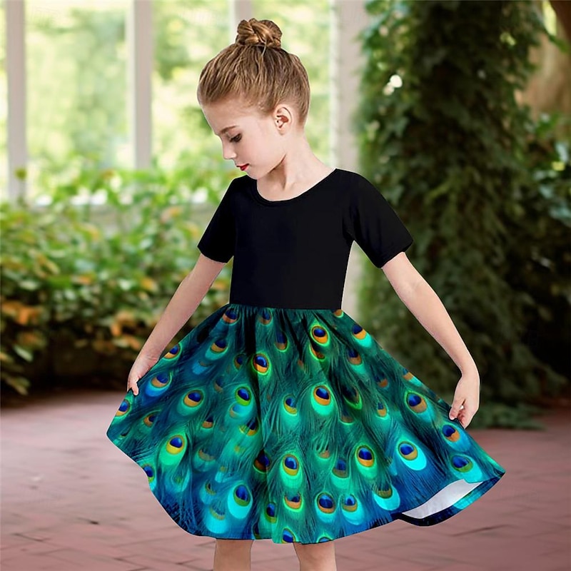 Girls' 3D Peacock Dress Short Sleeve 3D Print Summer Daily Holiday Casual Beautiful Kids 3-12 Years Casual Dress Skater Dress Above Knee Regular Fit