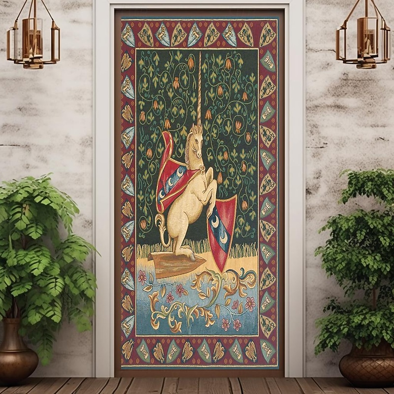 Medieval Unicorn Door Covers Mural Decor Door Tapestry Door Curtain Decoration Backdrop Door Banner Removable for Front Door Indoor Outdoor Home Room Decoration Farmhouse Decor Supplies