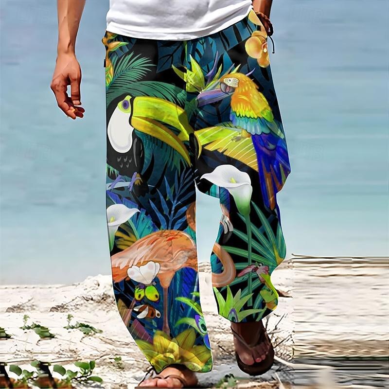 Parrot Tropical Hawaiian Men's Resort 3D Printed Casual Pants Trousers Loose Fit Straight-Leg Elastic Waist Drawstring Polyester Aloha Hawaiian Summer Beach Pants S TO 3XL4