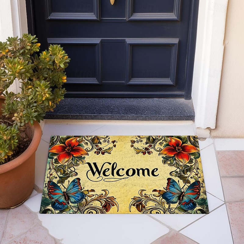 Welcome Floral Doormat Floor Mats Washable Rugs Kitchen Mat Non-Slip Oil Proof Rug Indoor Outdoor Mat Bedroom Decor Bathroom Mat Entrance Rug2