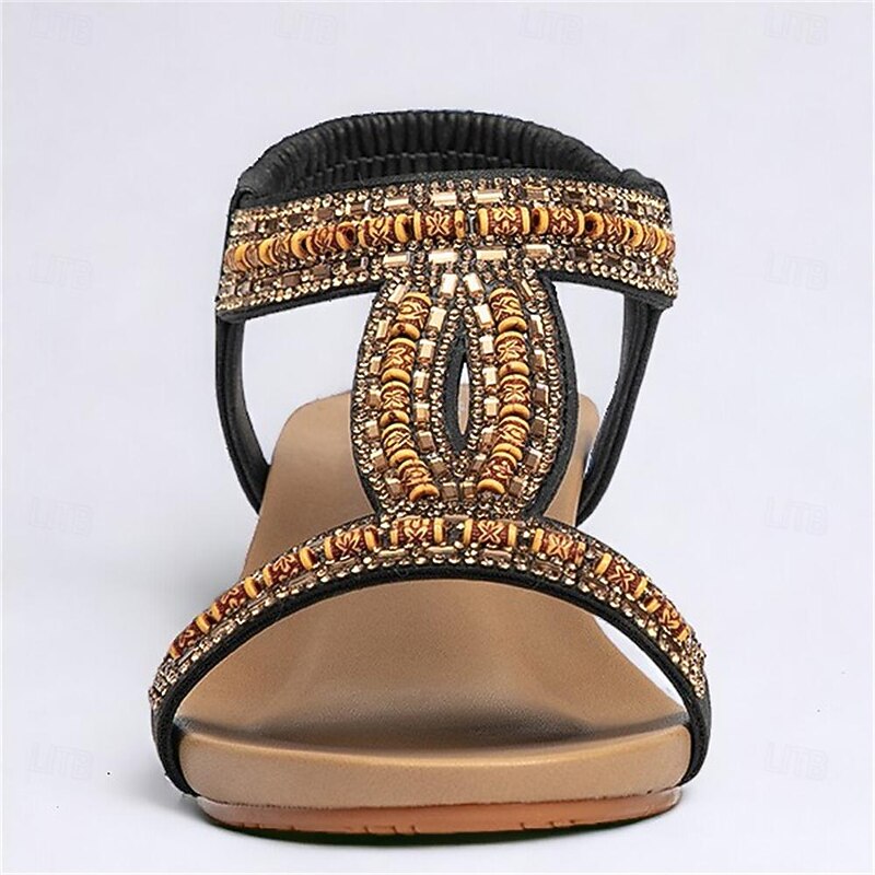 Women's Black Wedge Sandals with Rhinestone Embellishments and Elastic Strap – Stylish and Comfortable Summer Footwear2