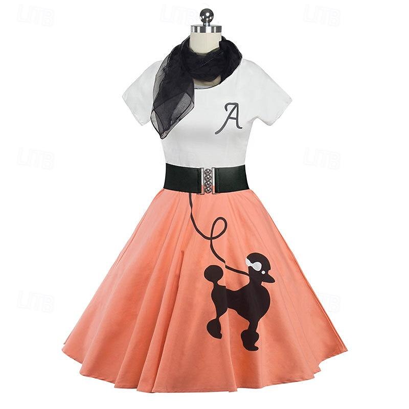 Retro Vintage 1950s Grease Outfits Dress Outfits Poodle Skirts Printing Fancy Dress Women's Carnival Masquerade Performance Party Adults' Dress Belt Scarf2
