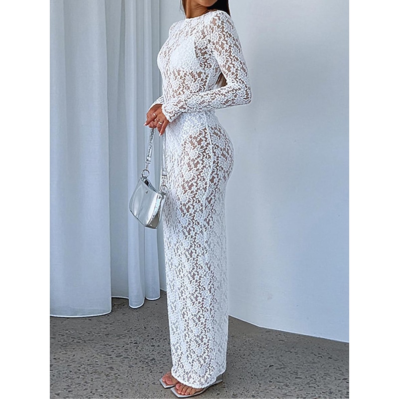 Women's Long Dress Maxi Dress White Dress Black Dress Lace Dress Casual Dress Streetwear Maxi Sexy Vacation Street Holiday Slim Long Sleeve Round Neck Black White Summer4