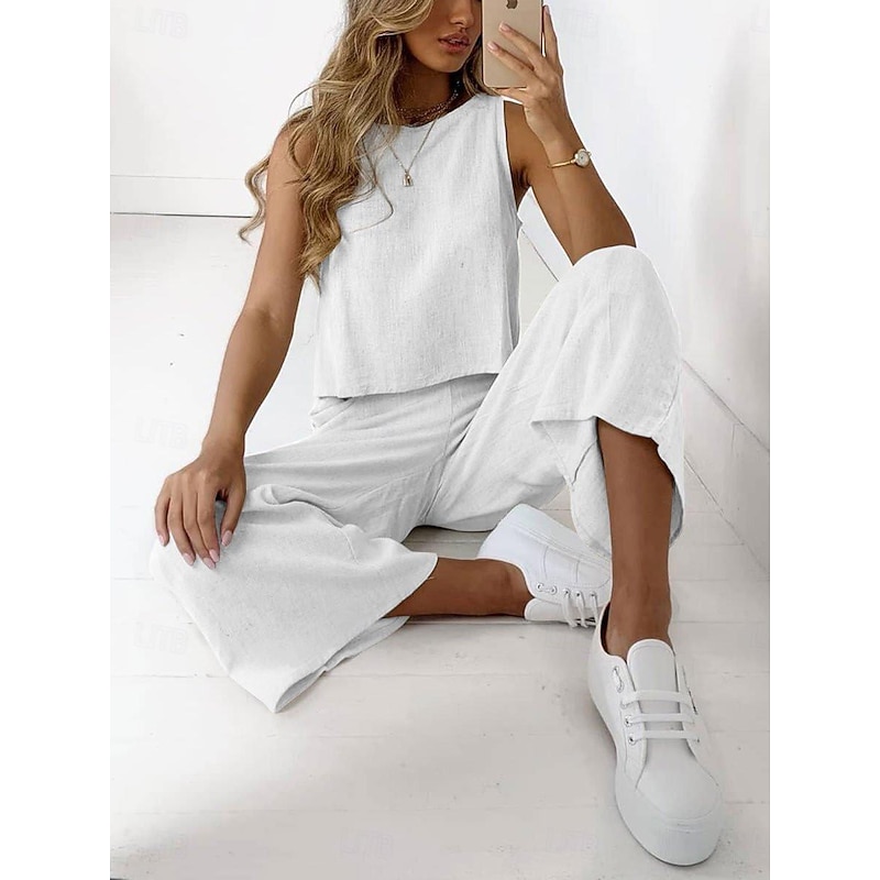 Women's Pajamas Loungewear Two Piece Sets Casual Pure Color Cotton Linen Sets Pant Home Sleeveless Crew Neck Black White Brown Khaki Light Grey Summer Spring2