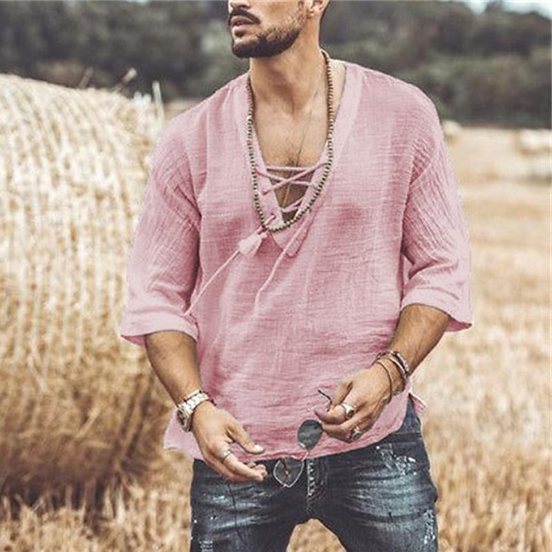 Men's T Shirt Tee Tee Top Half-Sleeve V Neck Spring &  Fall Plain Fashion Designer Basic Lace up Vacation Street Going out Apricot Black White Top Tee for Men2