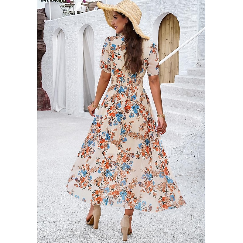 Women's Sheath Dress Chiffon Dress Sundress Floral Graphic Elastic Waist Print V Neck Cold Shoulder Long Dress Maxi Dress Elegant Tropical Party Date Short Sleeve Summer Spring 18
