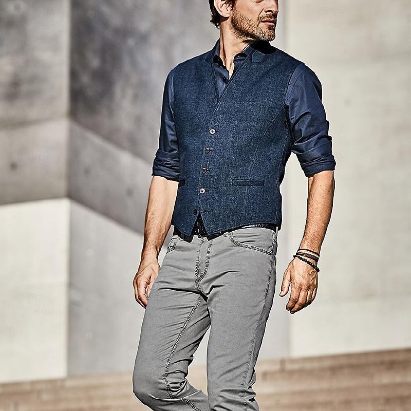 Men's Vest Gilet Wedding Event / Party Daily Fashion Business Spring & Summer Button Polyester Comfortable Plain Single Breasted One-button V Neck Regular Fit Navy Blue Vest2