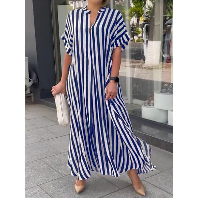 Women's Casual Dress Stripe Button Print Shirt Collar Long Dress Maxi Dress Vacation Short Sleeve Summer