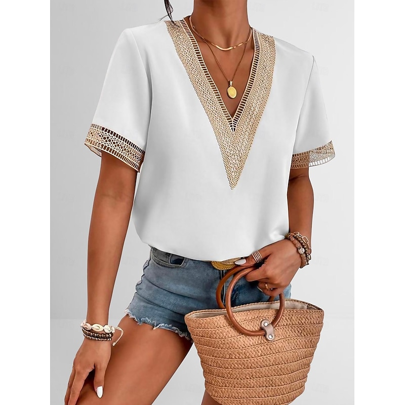 Women's White Elegant Lace Tops Eyelet Blouse T Shirt Burgundy Tee   Plain Regular Tops Short Sleeve V Neck Regular Fit Daily Weekend Romantic Petite Tops Summer Holiday Wear Black White Wine