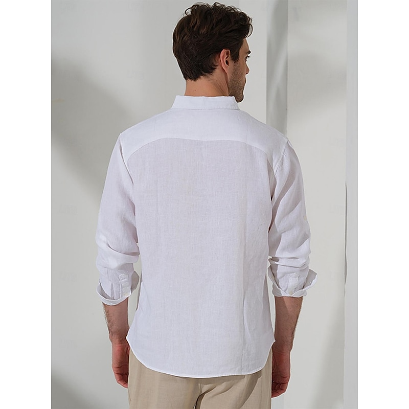 45% Linen Pocket Men's Linen Shirt Shirt Button Up Shirt Summer Shirt Black White Blue Long Sleeve Plain Lapel Spring &  Fall Outdoor Daily Clothing Apparel2