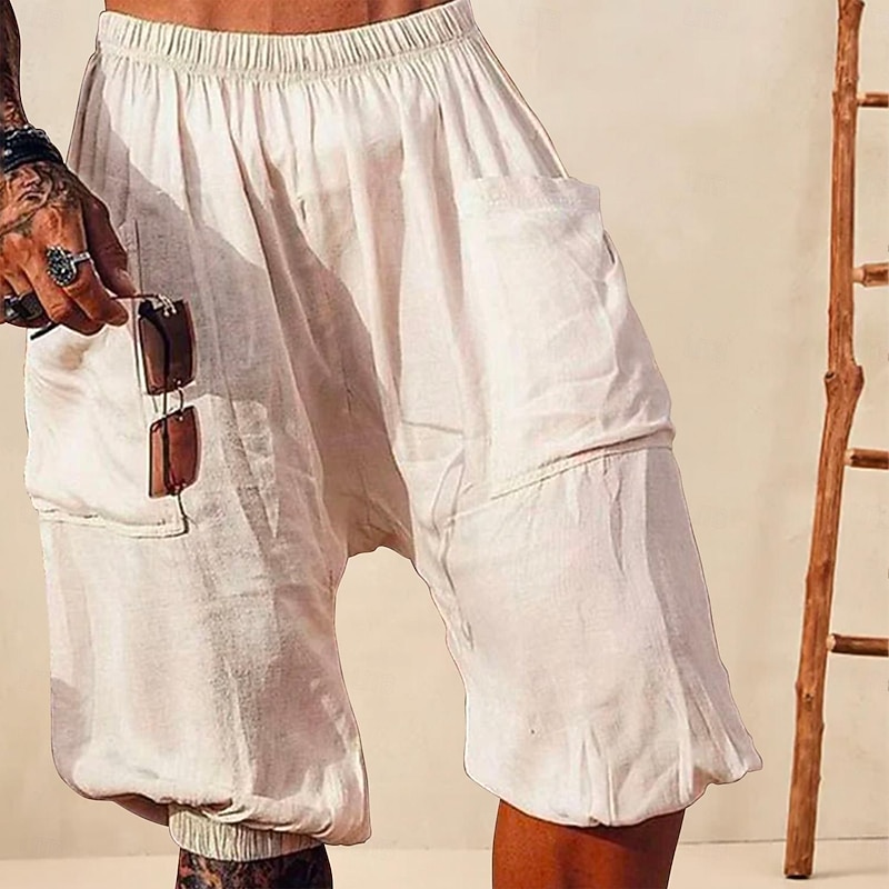 Men's Shorts Linen Shorts Summer Shorts Bloomers Pocket Elastic Waist Baggy Plain Comfort Breathable Short Casual Daily Holiday Fashion Classic Style Black White