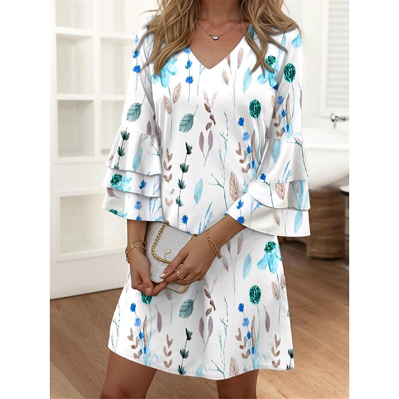 Women's Mini Dress Casual Dress Semi Formal Dress Petite Dress Sundress Streetwear Ruffle Sleeve Vacation Street Date Regular Fit Floral 3/4 Length Sleeve V Neck Pink Blue Purple Summer3
