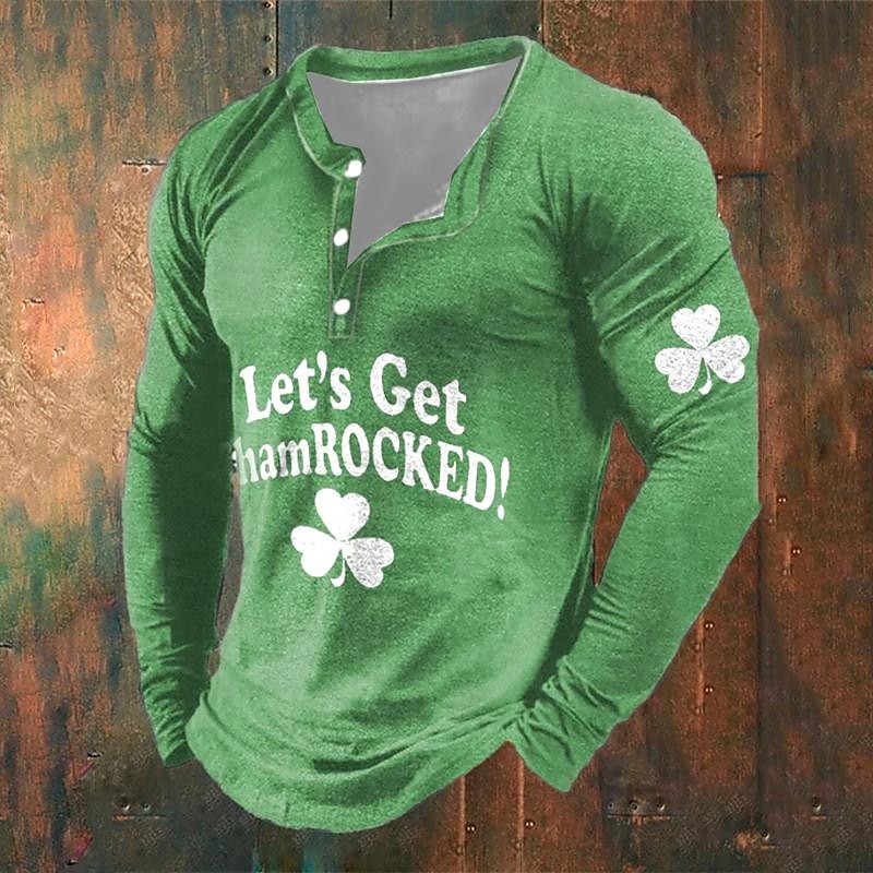 St Patrick St Paddys Shamrock Men's Fashion Casual 3D Print T Shirt Tee Henley Shirt Holiday Going out St. Patrick T shirt Green Long Sleeve Henley Shirt Spring & Fall Clothing Apparel