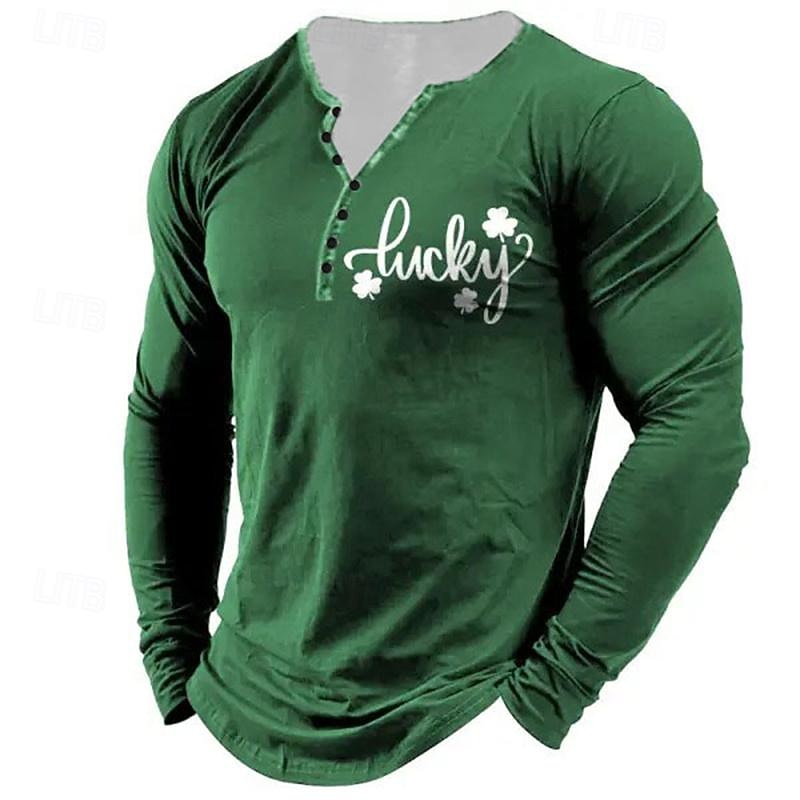 St Patrick St Paddys Shamrock Men's Fashion Casual 3D Print T Shirt Tee Henley Shirt Daily Holiday Going out St. Patrick T shirt Black Navy Blue Green Long Sleeve Henley Shirt Spring & Fall Clothing