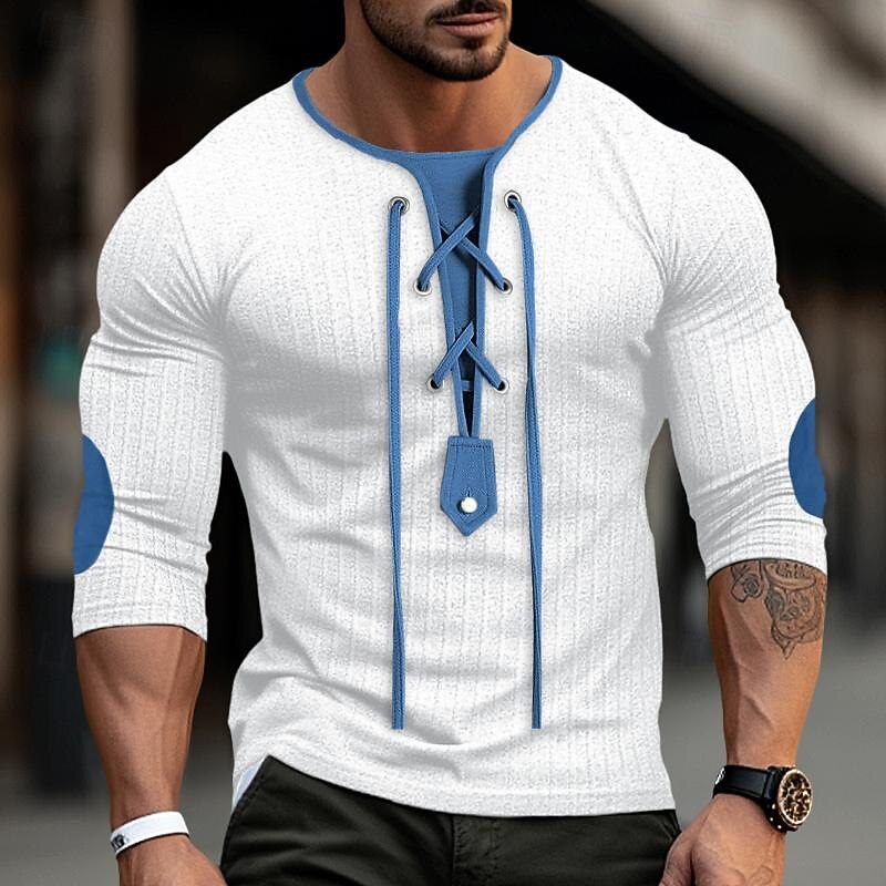 Men's T Shirt Muscle Shirt Ribbed Knit tee Tee Top Long Sleeve Collar Spring &  Fall Color Block Pit Strip Fashion Designer Basic Drawstring Patchwork Vacation Street Going out Black White Blue Top