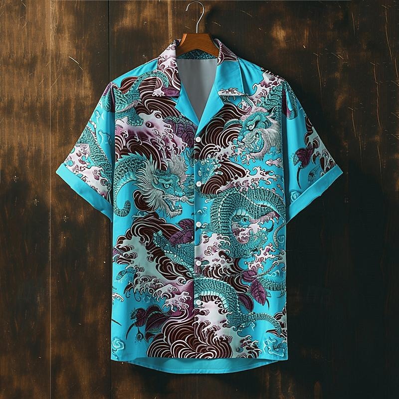 Men's Dragon Button Up Shirt Printed Shirts Short Sleeve Subcultural Vacation Party Street Summer Cuban Collar Print Button-Down Pink Blue Purple Orange3