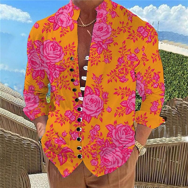Men's Floral Tropical Flowers Rose Summer Hawaiian Shirt Aloha Shirt Printed Shirts Long Sleeve Shirt Standing Collar Hawaiian Resort Vacation Holiday Daily Wear Pink Blue Orange S M L