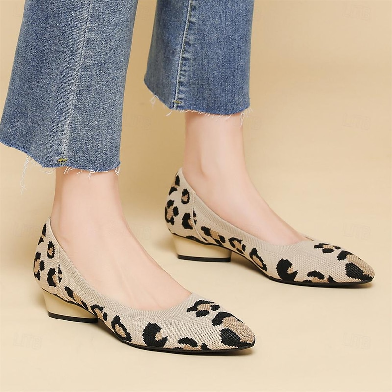 Women's Heels Plus Size Flyknit Shoes Outdoor Work Daily Leopard Sculptural Heel Pointed Toe Classic Casual Comfort Walking Knit Loafer Leopard Black / Beige Black2