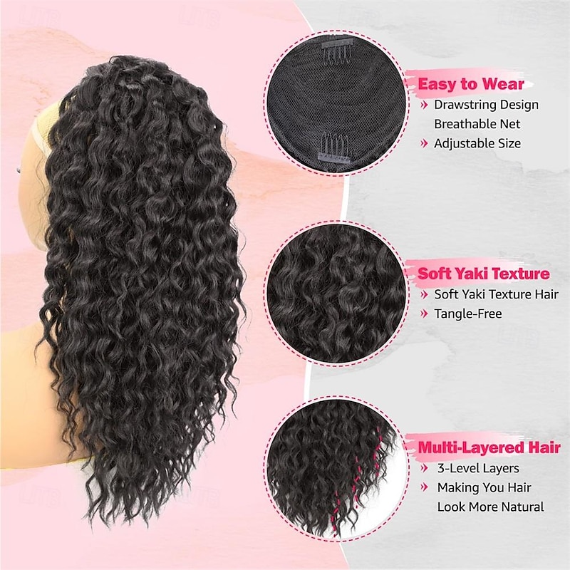 Ponytail Extension Yaki Texture Curly Drawstring Ponytail for Black Women 20 Inch Long Wavy Curly Clip in Ponytails Fake Pony Tails Hair Extensions Synthetic Hairpieces3
