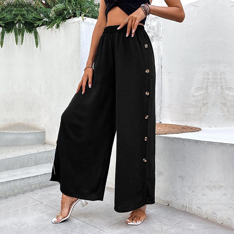 Women's Wide Leg Pants Trousers Casual Daily Full Length High Waist Plain Split Side Button Breathability Comfortable Micro-elastic Going out Black Spring & Summer Loose Fit4
