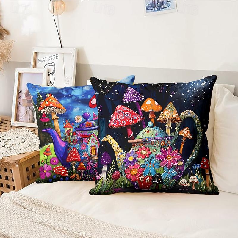Fantasy Mushrooms Pattern 1PC Throw Pillow Covers Multiple Size Coastal Outdoor Decorative Pillows Soft Velvet Cushion Cases for Couch Sofa Bed Home Decor3