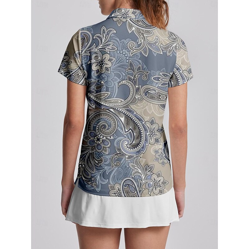 Women's Golf Polo Shirt Blue Short Sleeve Top Paisley Ladies Golf Attire Clothes Outfits Wear Apparel2