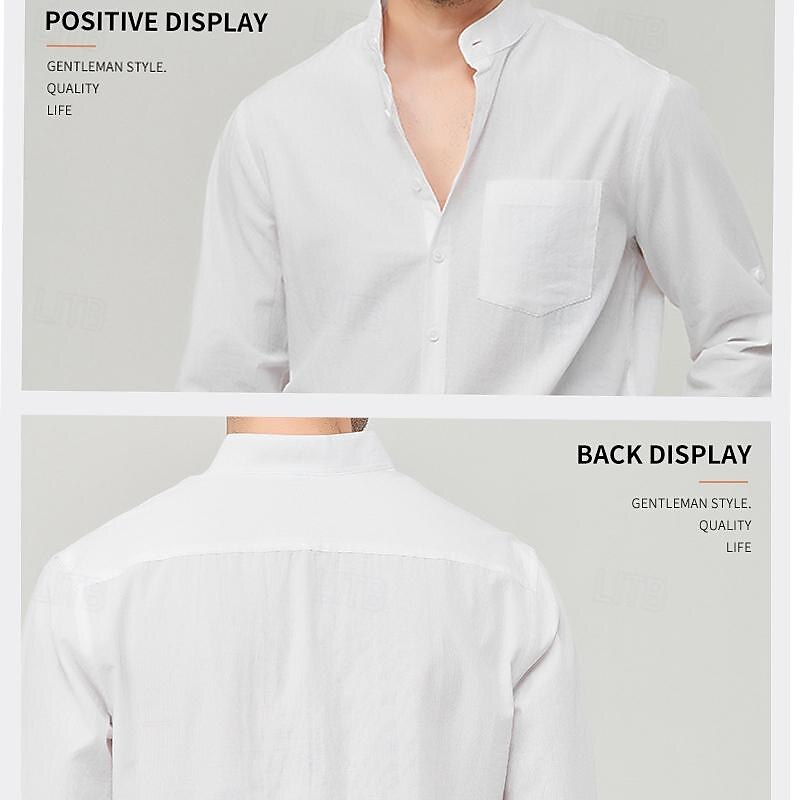 Men's Shirt Linen Shirt Chinese Collar Shirt Mandarin Collar Shirt Summer Shirt Beach Shirt Plain Vacation Street Black White Yellow Pink Long Sleeve Band Collar Summer Clothing Apparel Front Pocket4