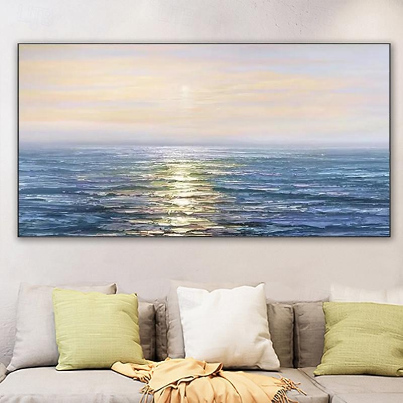 Large Hand painted Sunset Seascape Oil Painting on Canvas Original Abstract Blue Sea Landscape Painting Textured Wall Art Living Room Home Decor No Frame3