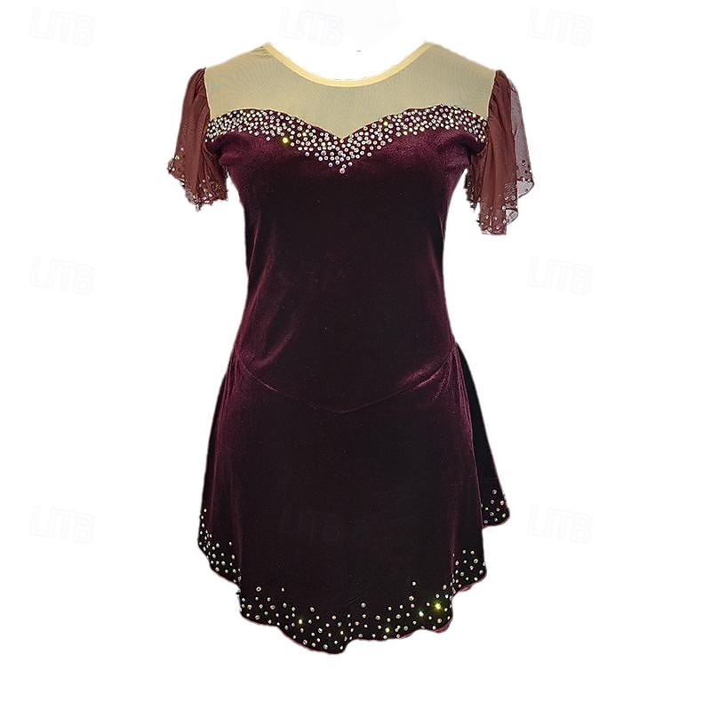 Figure Skating Dress Women's Girls' Ice Skating Dress Burgundy Patchwork Asymmetric Hem Mesh Spandex Stretchy Training Practice Professional Skating Wear Crystal / Rhinestone Short Sleeve Figure