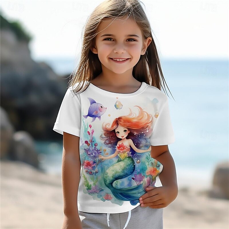 Girls' 3D Mermaid Tee Shirts Short Sleeve 3D Print Summer Active Fashion Cute Kids 3-12 Years Crew Neck Outdoor Casual Daily Regular Fit4